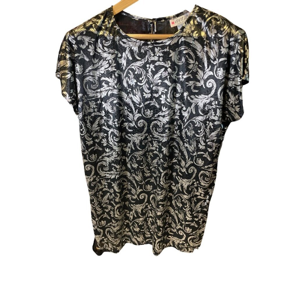 Vintage Act III NWT Silver Black Animal Print Satin Short Sleeve Sheath Dress